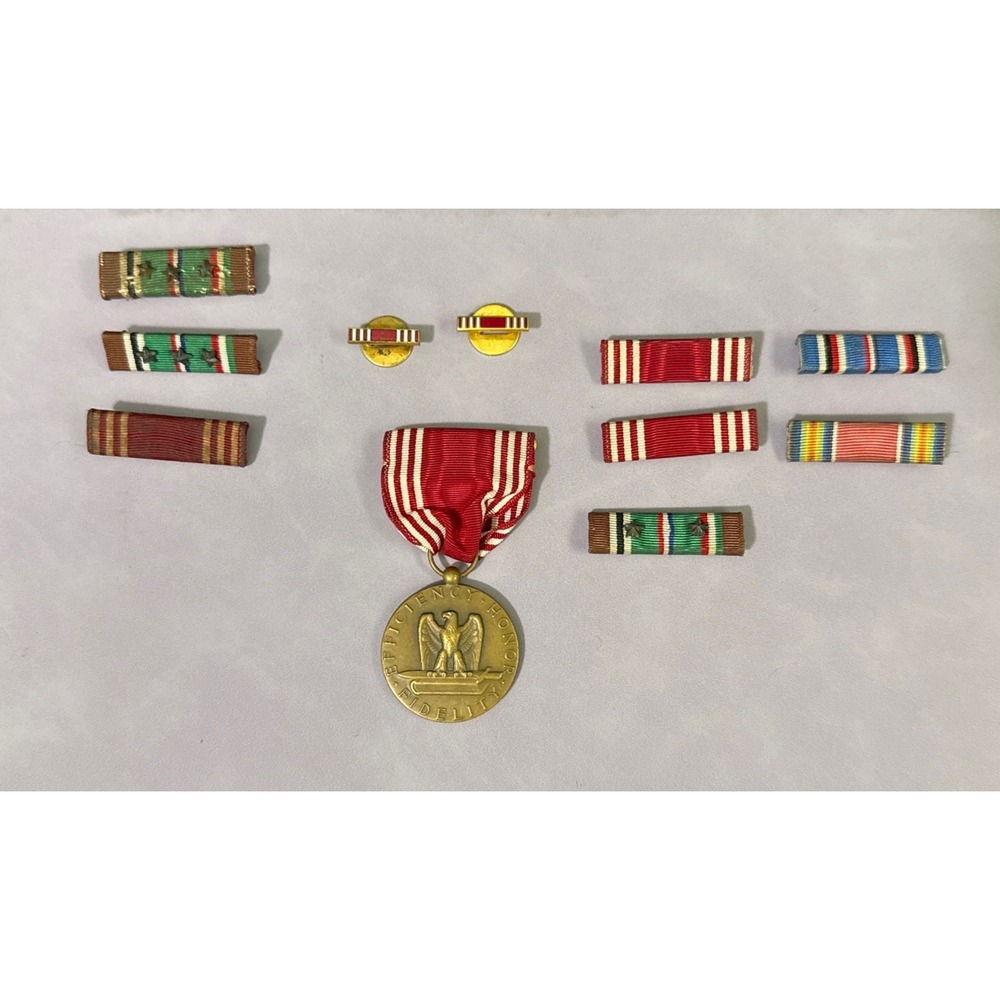 Vintage WW2 Army Good Conduct Medal Set Ribbons Pins Military Memorabilia